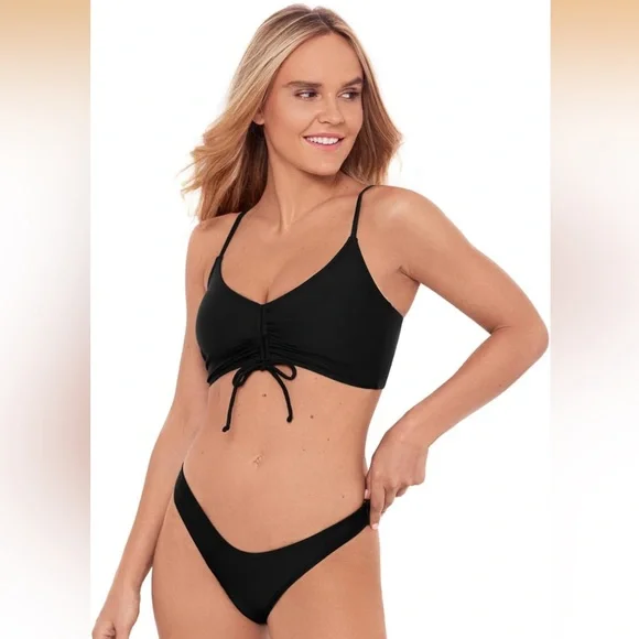 Sports Illustrated Swim Bikini Top Black XL Women's Shirred Tie Midkini Top B4 - Picture 2 of 6